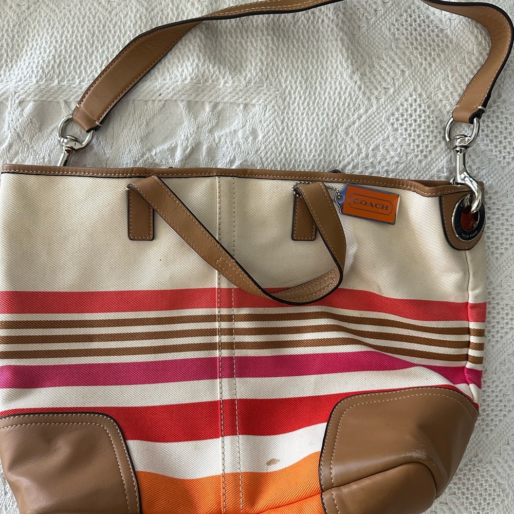 Coach Cream and Brown Tote Bag with Leather Trim